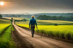 een Mens wandelen naar beneden een aarde weg in de midden- van een veld. ai-gegenereerd foto