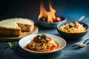 spaghetti met vlees saus en kaas Aan een bord. ai-gegenereerd foto