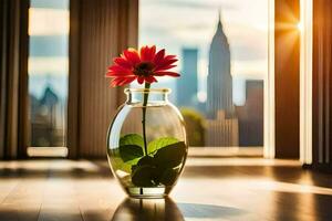 een vaas met een bloem zittend Aan een tafel in voorkant van een venster. ai-gegenereerd foto