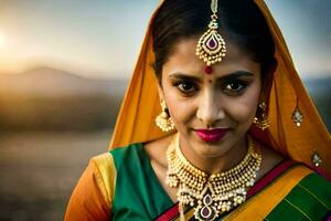 een mooi Indisch vrouw vervelend sieraden en een sari. ai-gegenereerd foto
