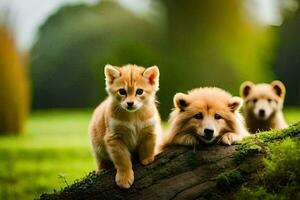 drie puppy's zittend Aan een log in de gras. ai-gegenereerd foto