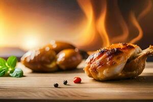 een kip is zittend Aan een houten tafel met een brand in de achtergrond. ai-gegenereerd foto