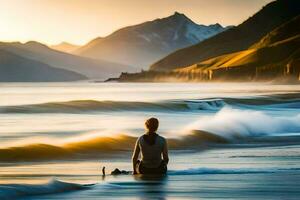 een Mens zittend Aan de strand in voorkant van golven. ai-gegenereerd foto