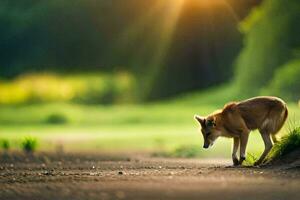 een eenzaam wolf wandelen Aan een aarde weg. ai-gegenereerd foto