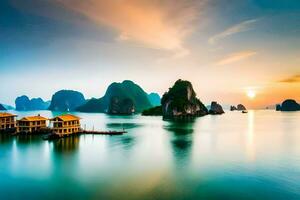 de zonsondergang over- Halong baai, Vietnam. ai-gegenereerd foto