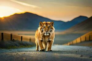 een tijger wandelen naar beneden een weg Bij zonsondergang. ai-gegenereerd foto