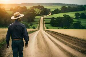 een Mens in een hoed wandelingen naar beneden een aarde weg. ai-gegenereerd foto