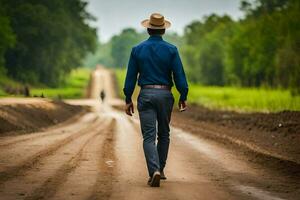 een Mens in een hoed wandelingen naar beneden een aarde weg. ai-gegenereerd foto