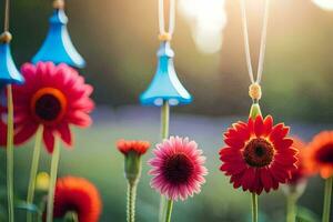 kleurrijk bloemen hangende van een snaar. ai-gegenereerd foto