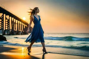 een vrouw in een blauw jurk wandelen Aan de strand Bij zonsondergang. ai-gegenereerd foto