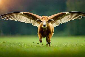 een bruin koe met Vleugels verspreiding uit in de gras. ai-gegenereerd foto