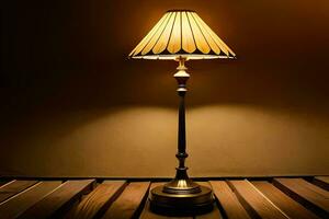 een lamp Aan een houten tafel in een donker kamer. ai-gegenereerd foto