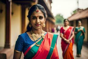 een vrouw in een kleurrijk sari staand in een binnenplaats. ai-gegenereerd foto