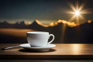 een kop van koffie Aan een tafel met een visie van bergen. ai-gegenereerd foto