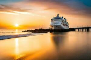 een reis schip aangemeerd Bij de pier Bij zonsondergang. ai-gegenereerd foto