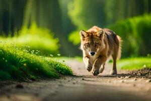 een wolf rennen Aan een aarde weg in de Woud. ai-gegenereerd foto