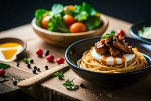 een houten tafel met spaghetti, salade en andere voedsel. ai-gegenereerd foto