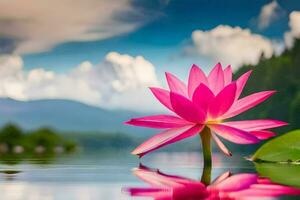 roze lotus bloem in de water met bergen in de achtergrond. ai-gegenereerd foto