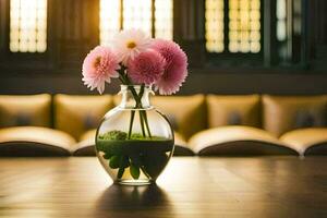 een vaas met roze bloemen zittend Aan een tafel. ai-gegenereerd foto