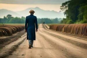 een Mens in een blauw pak en hoed wandelingen naar beneden een aarde weg. ai-gegenereerd foto