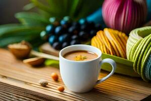 een kop van koffie met noten en vruchten. ai-gegenereerd foto