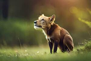 een hond zittend in de gras op zoek omhoog. ai-gegenereerd foto