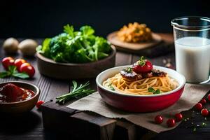 spaghetti met tomaat saus, broccoli, en melk Aan een houten tafel. ai-gegenereerd foto