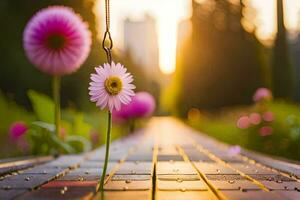 een roze bloem is zittend Aan een houten loopbrug. ai-gegenereerd foto