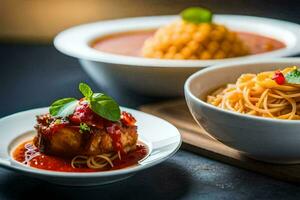 drie kommen van pasta en saus zitten Aan een tafel. ai-gegenereerd foto