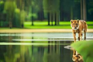 een leeuw wandelen aan de overkant een meer in de midden- van een Woud. ai-gegenereerd foto