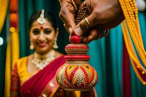 een Mens en vrouw in traditioneel Indisch kleding zijn Holding een pot. ai-gegenereerd foto