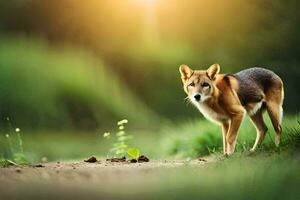 een hond is staand in de gras Aan een aarde weg. ai-gegenereerd foto