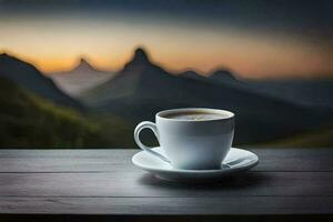 een kop van koffie Aan een houten tafel in voorkant van een berg visie. ai-gegenereerd foto