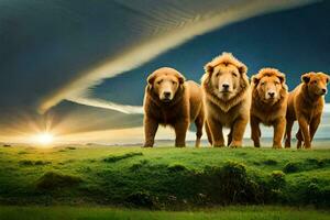 vier leeuwen staand in voorkant van een stormachtig lucht. ai-gegenereerd foto