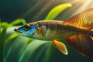 een vis met een helder blauw en oranje lichaam. ai-gegenereerd foto