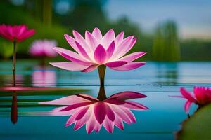 roze lotus bloem in water met reflectie. ai-gegenereerd foto