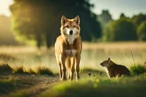 een hond en een kat staand in een veld. ai-gegenereerd foto