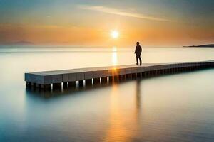 een Mens staand Aan een pier op zoek Bij de zon. ai-gegenereerd foto