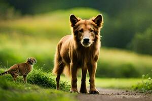 een hond en een kat wandelen Aan een pad. ai-gegenereerd foto