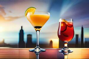 twee bril van cocktails met stad horizon in de achtergrond. ai-gegenereerd foto
