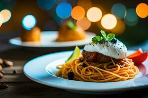 spaghetti met gehaktballen en tomaat saus Aan een bord. ai-gegenereerd foto