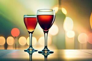 twee bril van wijn Aan een tafel met wazig lichten. ai-gegenereerd foto