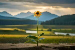 een single zonnebloem staat in voorkant van een berg bereik. ai-gegenereerd foto