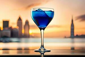 een blauw cocktail in een glas met een stad horizon in de achtergrond. ai-gegenereerd foto