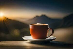 een kop van koffie Aan een houten tafel in voorkant van een berg visie. ai-gegenereerd foto