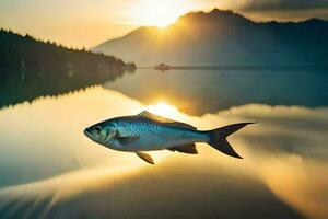 een vis is zwemmen in de water Bij zonsondergang. ai-gegenereerd foto