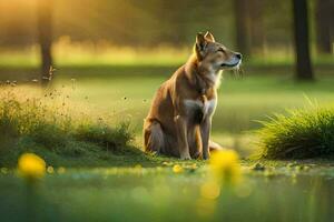 een hond zittend in de gras door een vijver. ai-gegenereerd foto