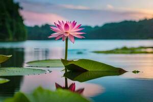 een roze lotus bloem is staand Aan de water. ai-gegenereerd foto