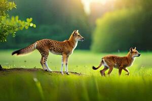 twee cheeta's zijn wandelen in de gras. ai-gegenereerd foto
