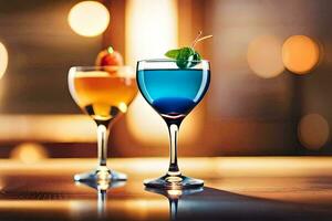 twee bril van kleurrijk drankjes Aan een tafel. ai-gegenereerd foto